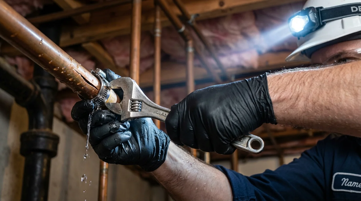 Emergency pipe clamp repair being performed by a Johns Plumbing LLC plumber in Cassopolis
