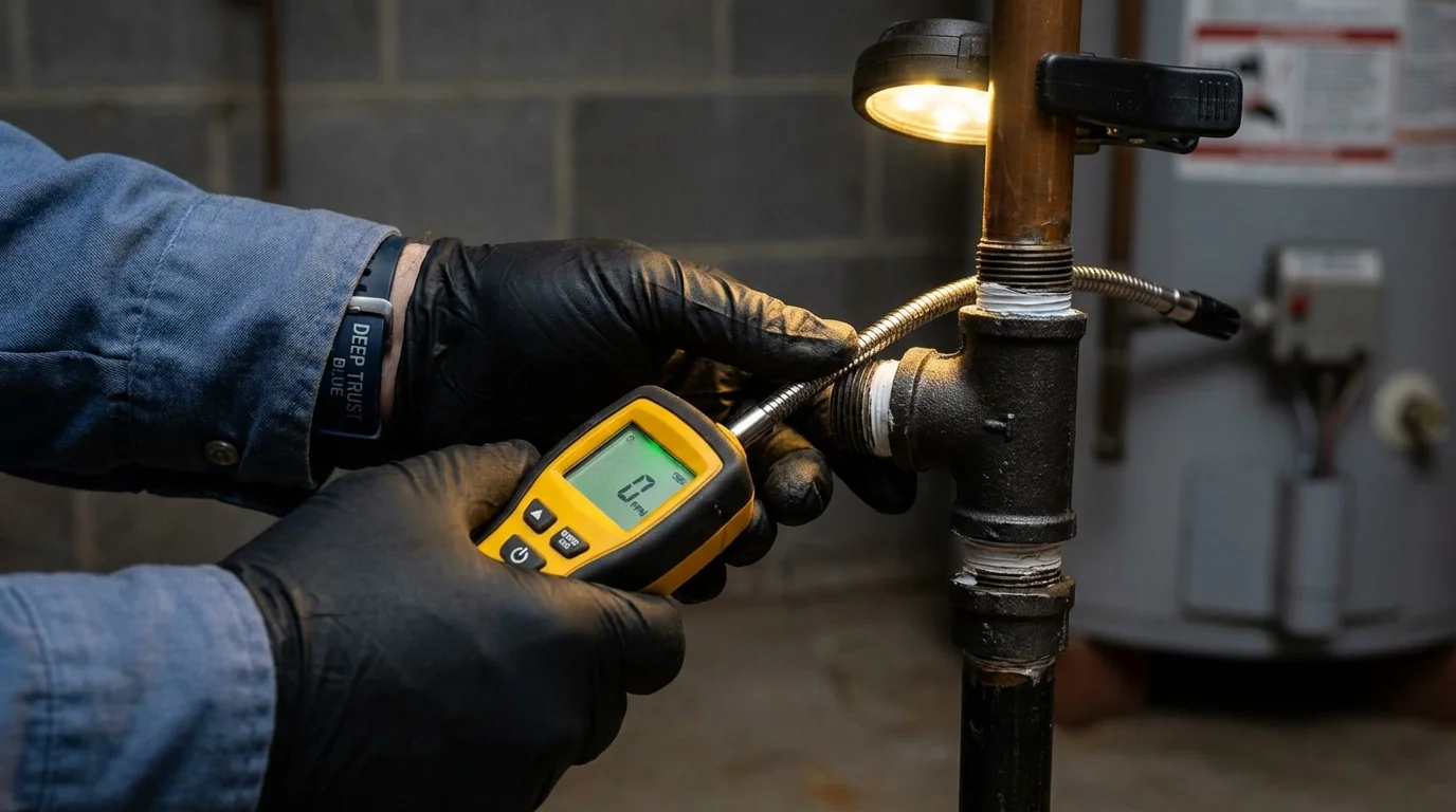 Gas leak detection with electronic sniffer by Johns Plumbing LLC in Cassopolis