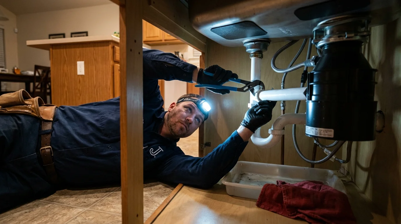 P-trap and supply line connections under a kitchen sink showing a common leak point in Cassopolis, MI
